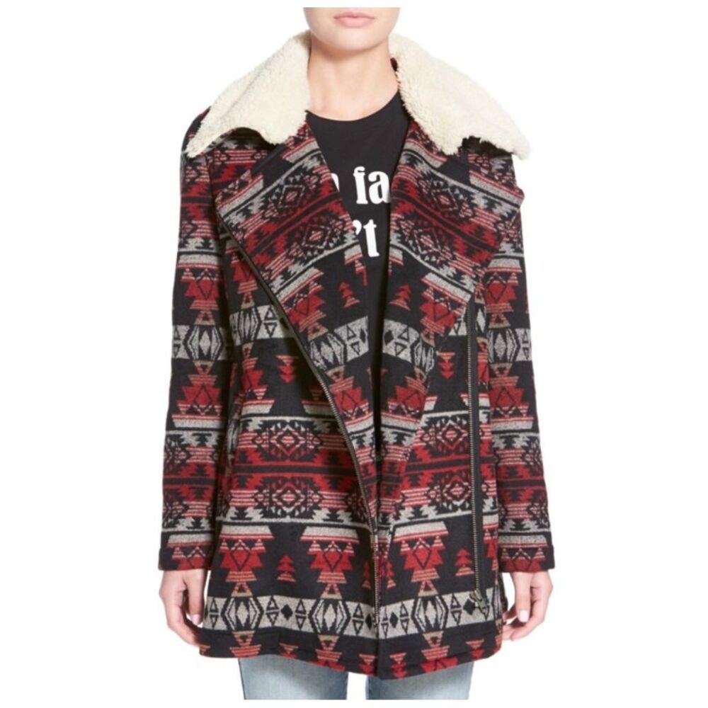 Sun & Shadow Blanket Print Moto Jacket Aztec Print Boho Southwestern Red Black S